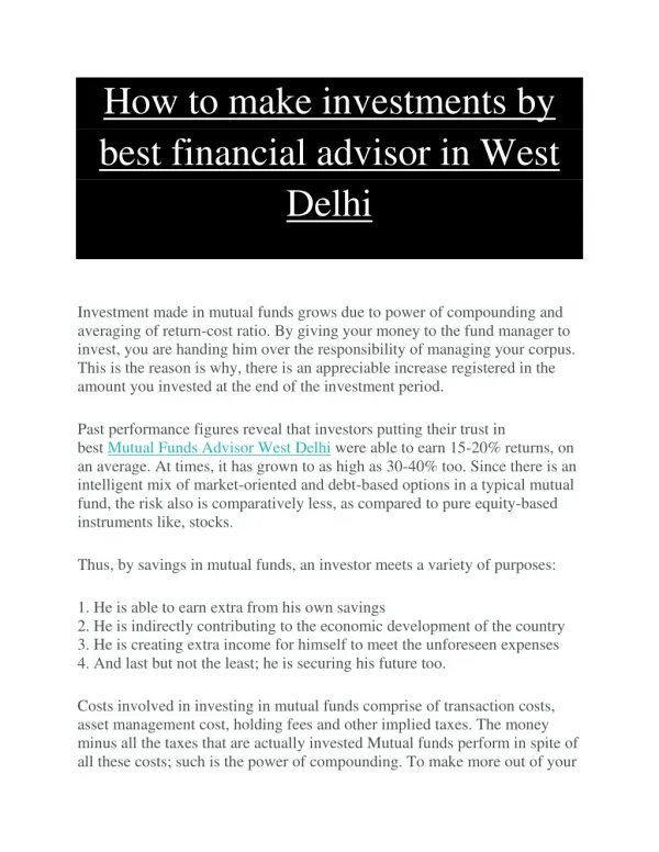 How to make investments by best financial advisor in West Delhi
