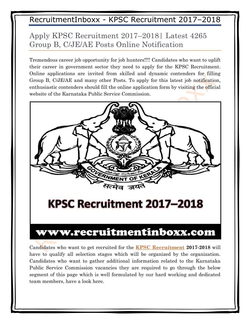 recruitmentinboxx kpsc recruitment 2017 2018