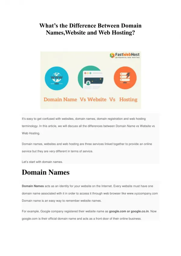 Whats the Difference Between Domain Names,Website and Web Hosting?