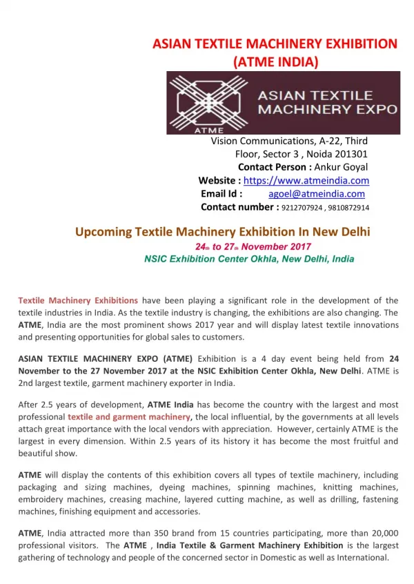 Textile Machinery Expo, Garment Technology Exhibition In Delhi -ATME India