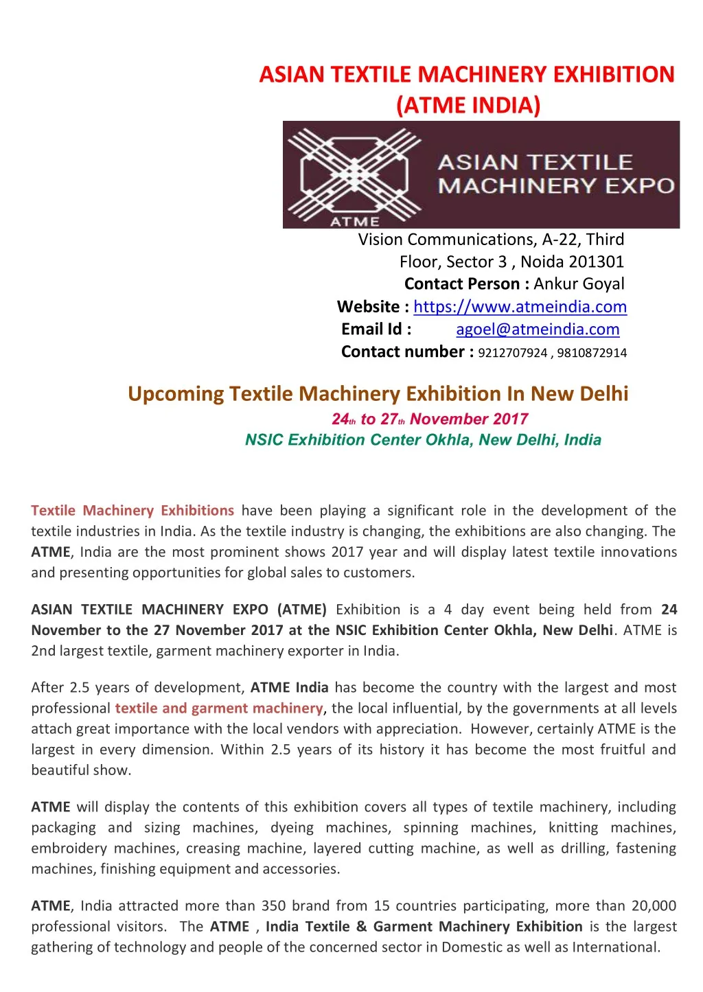 asian textile machinery exhibition atme india
