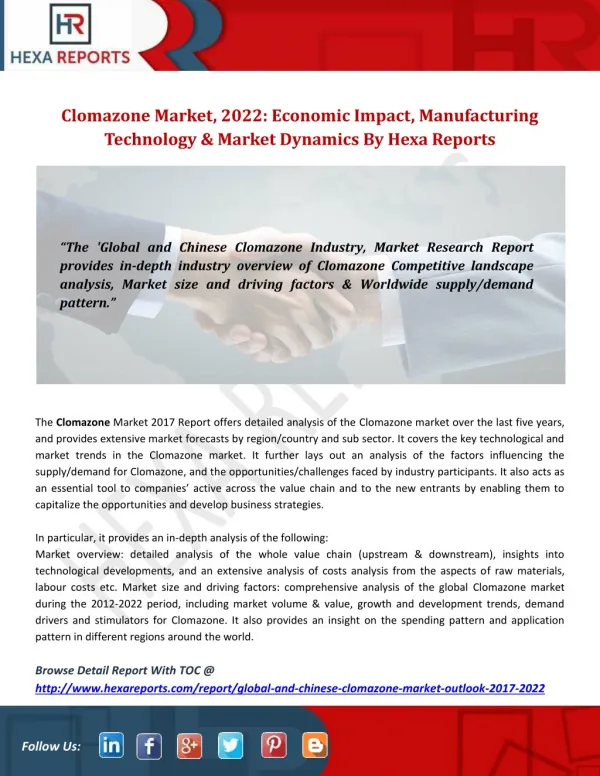 Clomazone Market, 2022: Economic Impact, Manufacturing Technology & Market Dynamics By Hexa Reports