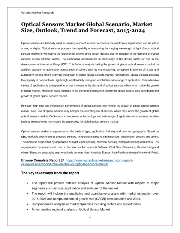 Optical Sensors Market Global Scenario, Market Size, Outlook, Trend and Forecast, 2015-2024