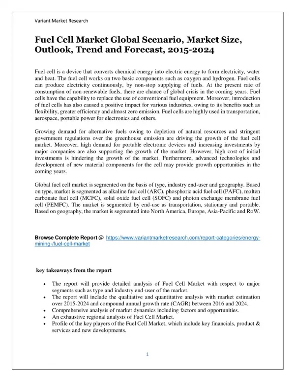 Fuel Cell Market Global Scenario, Market Size, Outlook, Trend And Forecast, 2015-2024