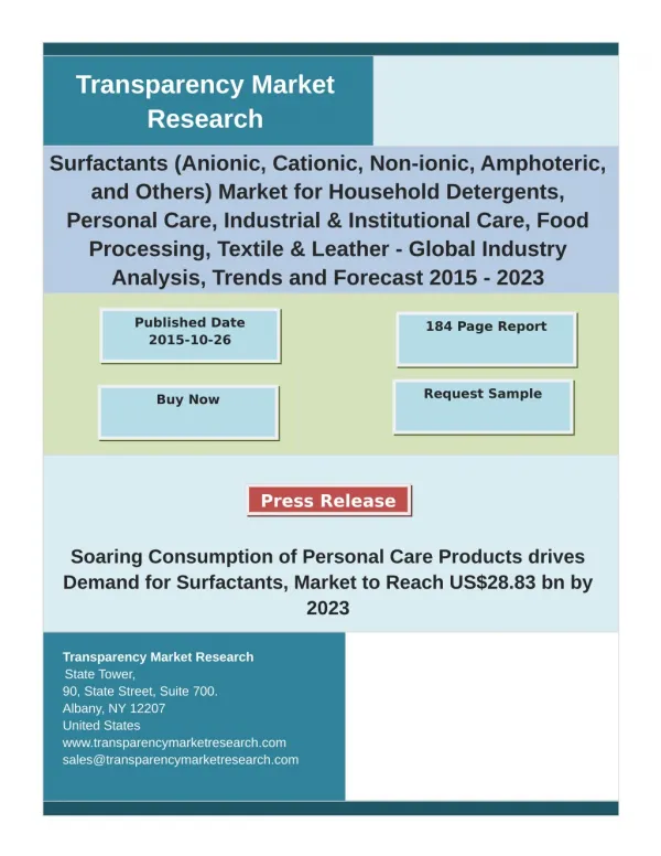 Surfactants Industry Insights With Key Company Profiles - Demand, Analysis, Forecast To 2023