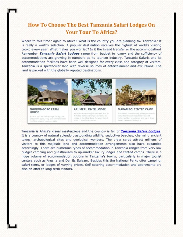 How To Choose The Best Tanzania Safari Lodges On Your Tour To Africa?