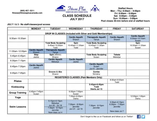 Jul 2017 class schedule
