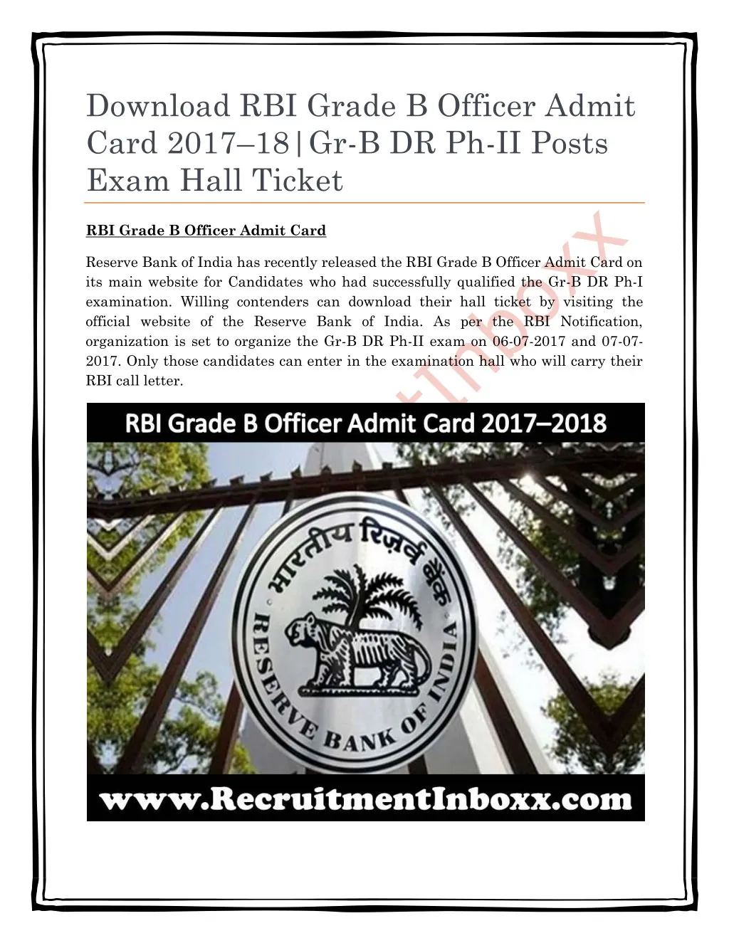 download rbi grade b officer admit card 2017