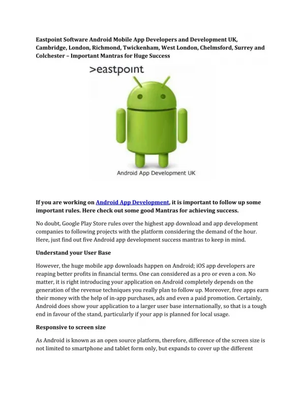 Eastpoint Software Android Mobile App Developers and Development UK,Cambridge, London, Richmond, Twickenham, West London