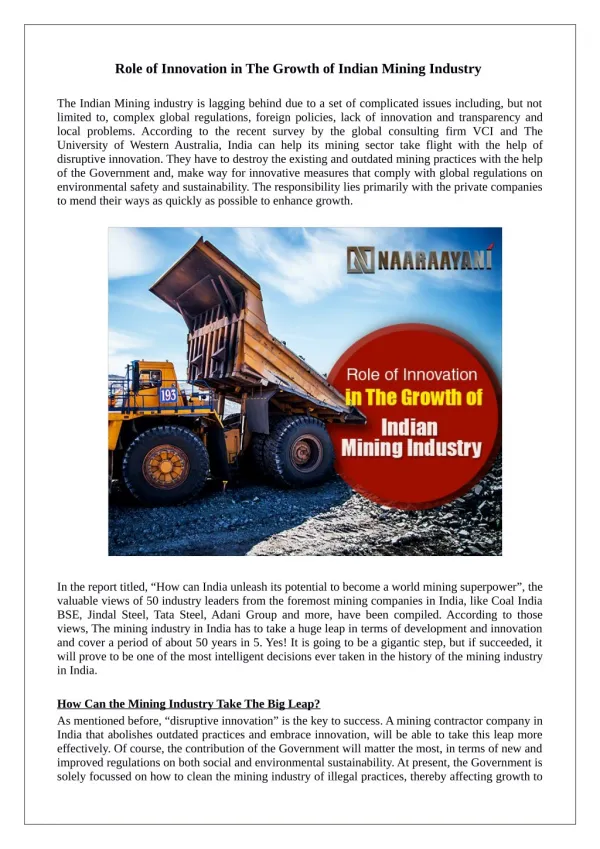 Role of Innovation in The Growth of Indian Mining Industry