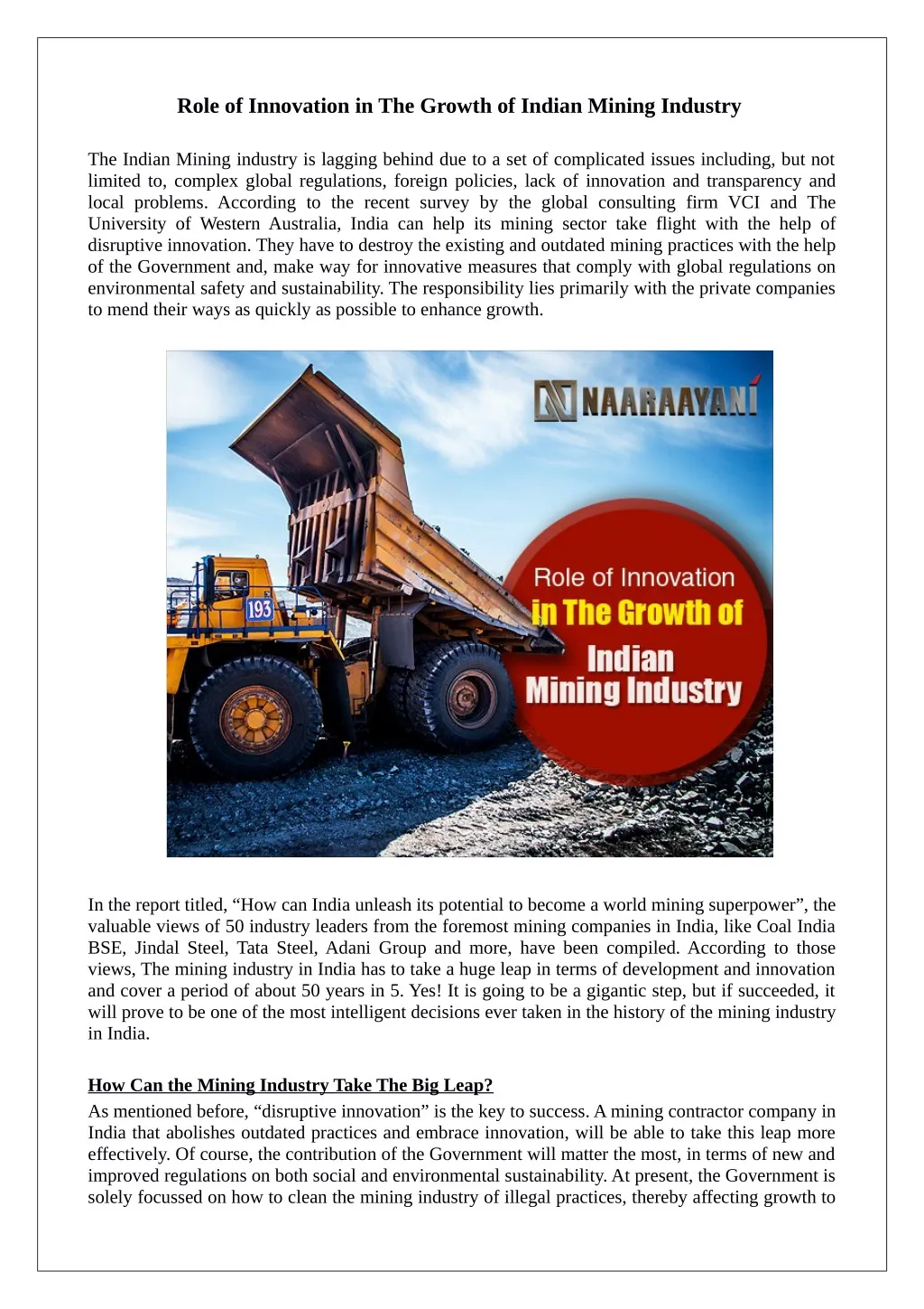role of innovation in the growth of indian mining