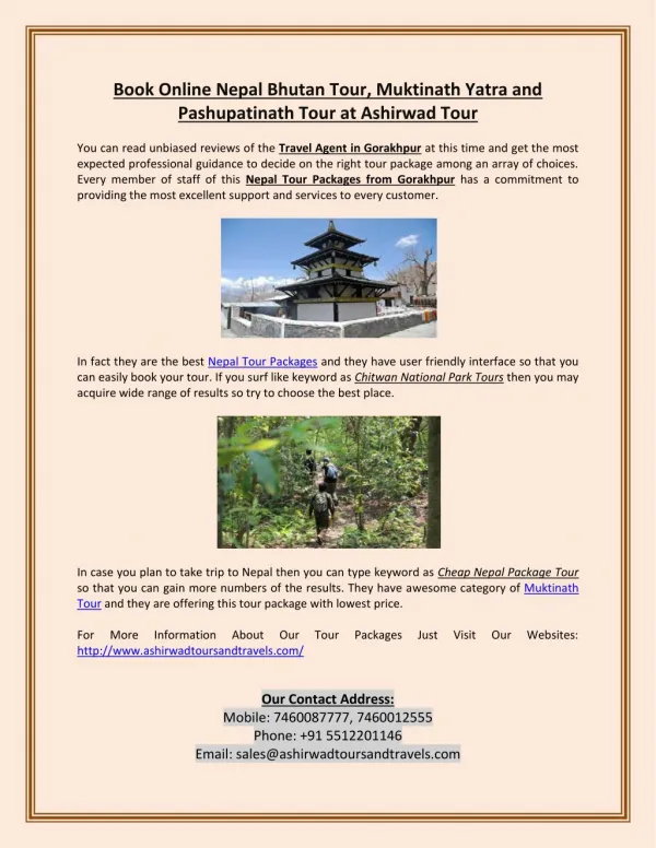 Book Online Nepal Bhutan Tour, Muktinath Yatra and Pashupatinath Tour at Ashirwad Tour