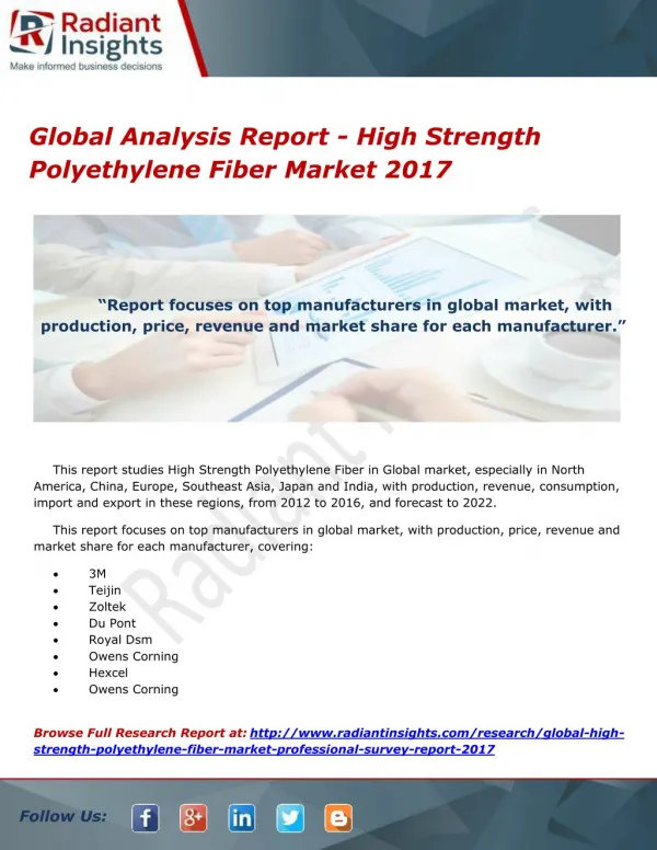 Global Analysis Report - High Strength Polyethylene Fiber Market 2017