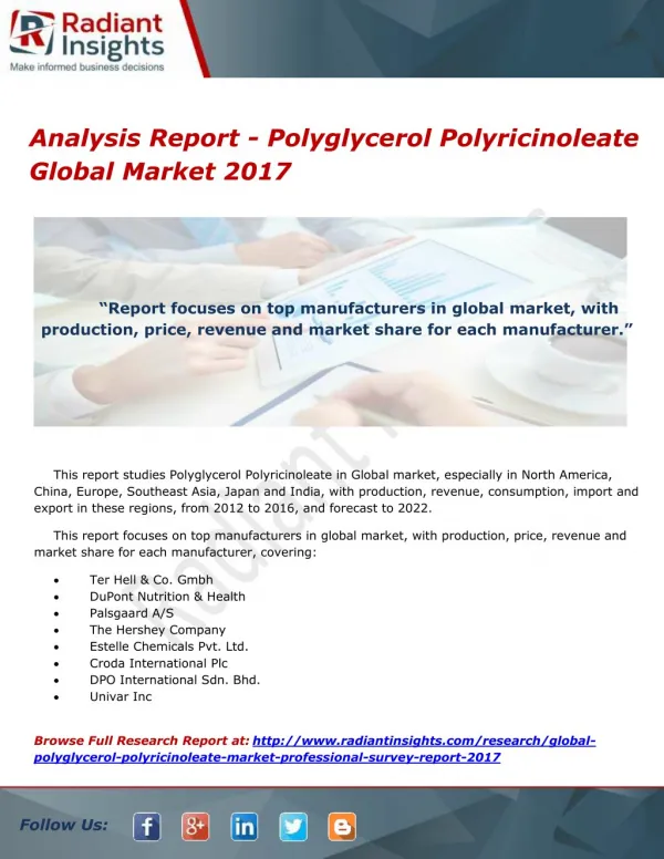 Analysis Report - Polyglycerol Polyricinoleate Global Market 2017