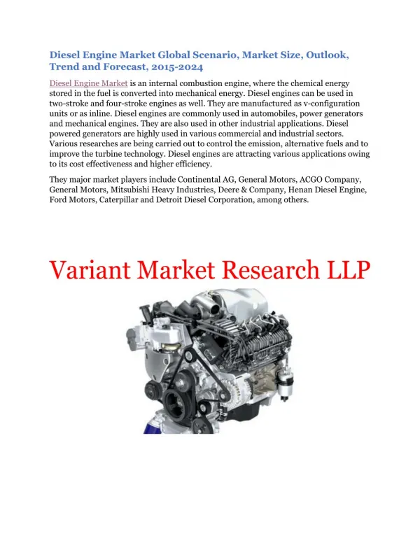 Diesel Engine Market Global Scenario, Market Size, Outlook, Trend and Forecast, 2015-2024