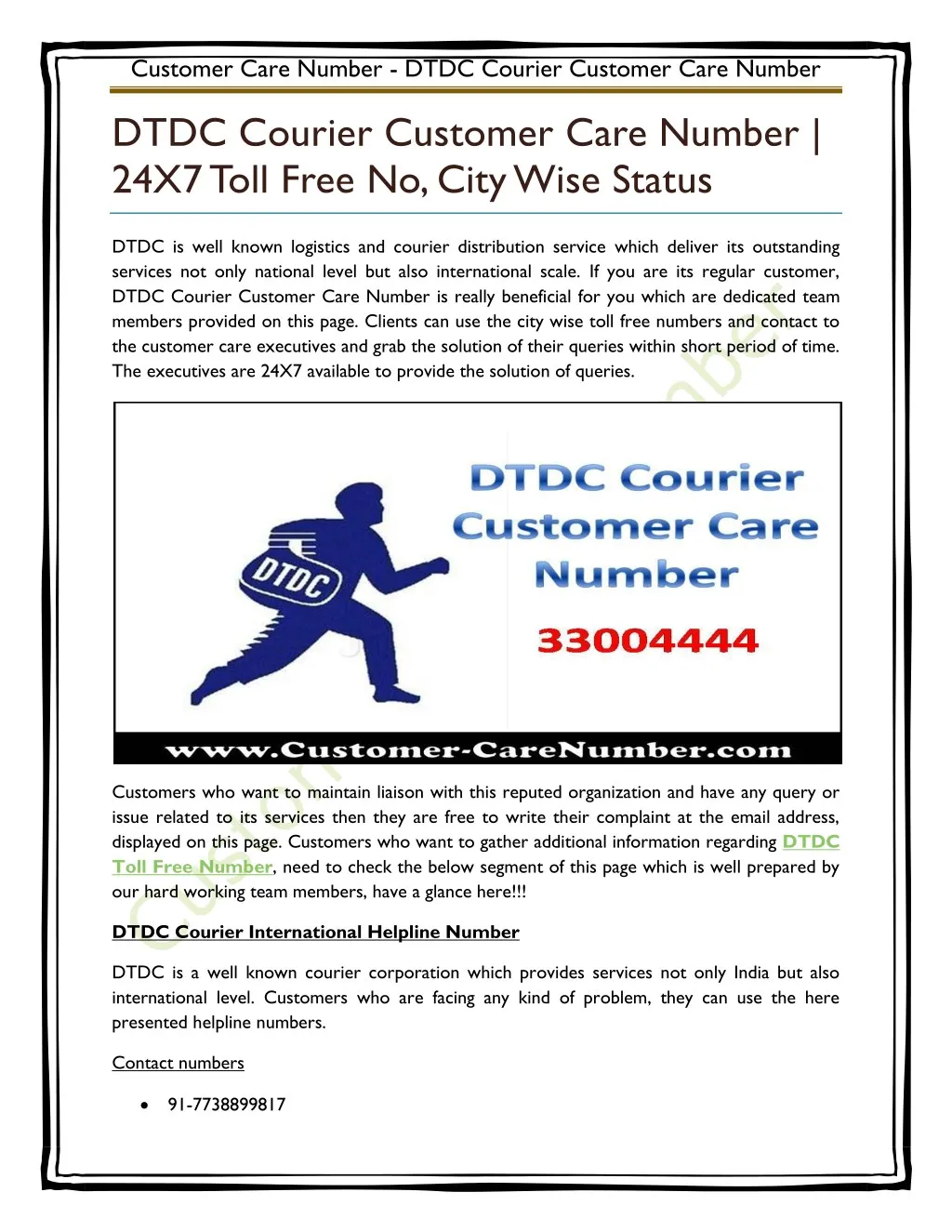 customer care number dtdc courier customer care