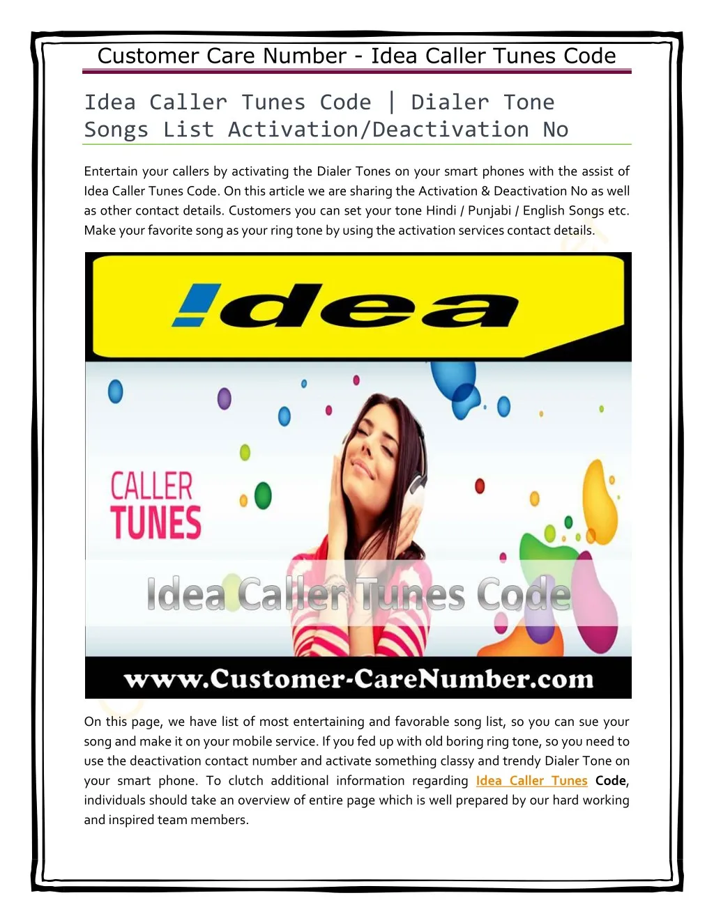 customer care number idea caller tunes code