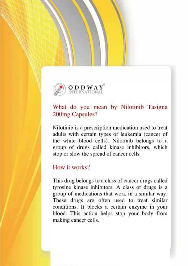 Tasigna 200mg Capsules | Generic Nilotinib Capsules | Anti Cancer Pharmaceutical Exporter In India