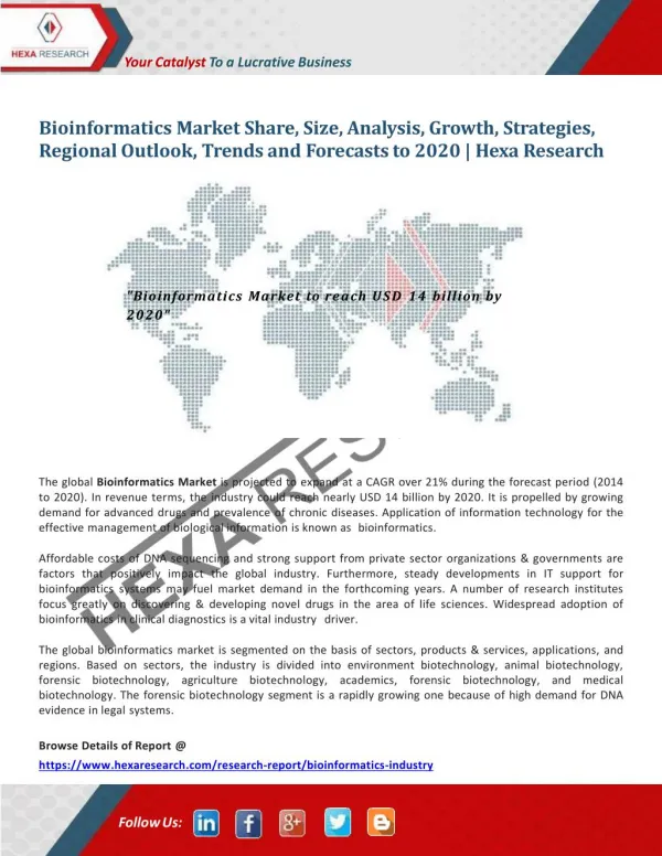 Bioinformatics Market to Reach Nearly USD 14 Billion by 2020