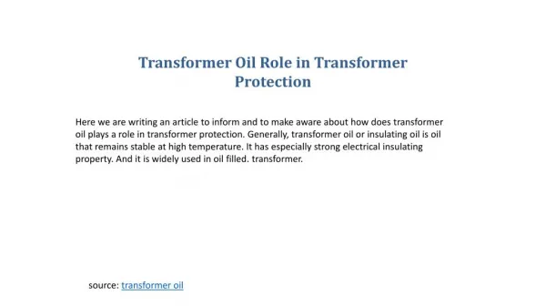 Transformer Oil Role in Transformer Protection