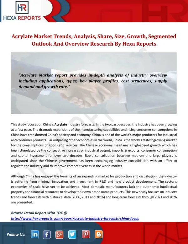 Acrylate Market Trends, Analysis, Share, Size, Growth, Segmented Outlook And Overview Research By Hexa Reports