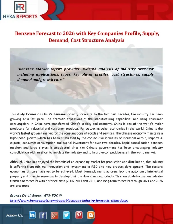 Benzene Forecast to 2026 with Key Companies Profile, Supply, Demand, Cost Structure Analysis