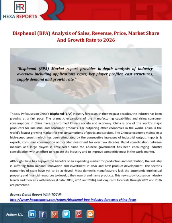 Bisphenol (BPA) Analysis of Sales, Revenue, Price, Market Share And Growth Rate to 2026