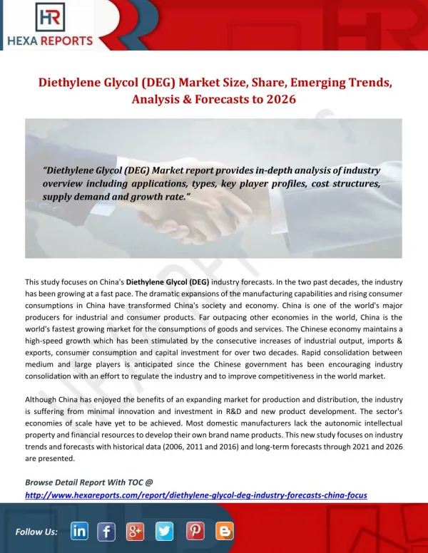 Diethylene Glycol (DEG) Market Size, Share, Emerging Trends, Analysis And Forecasts to 2026