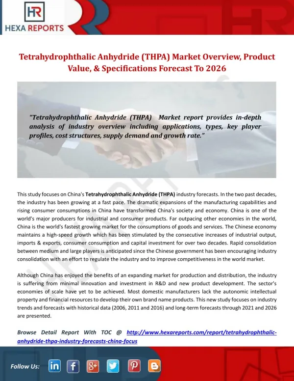 Tetrahydrophthalic Anhydride (THPA) Market Overview, Product Value, & Specifications Forecast To 2026