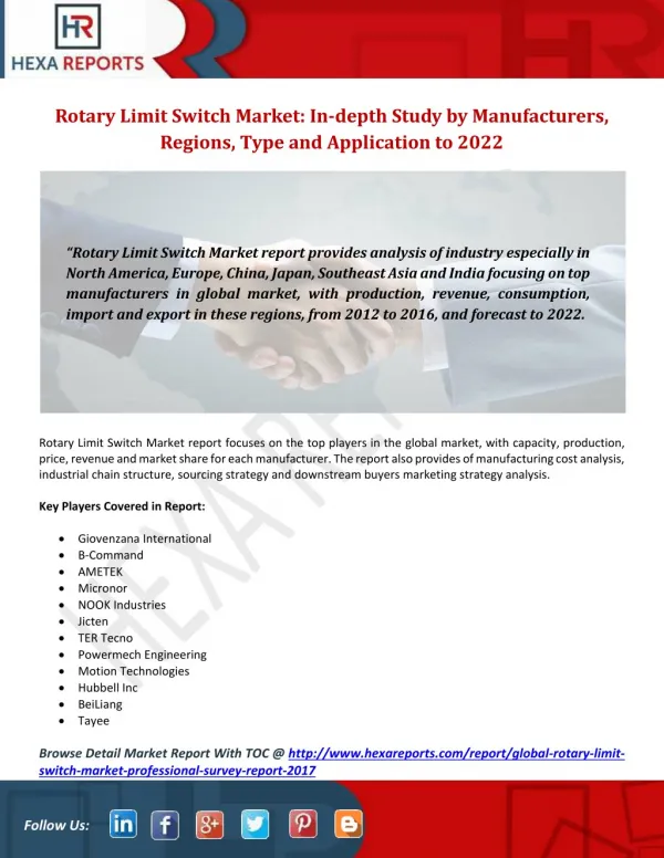 Rotary Limit Switch Market Size, Share Analysis by Manufacturers, Regions, Type and Application to 2022