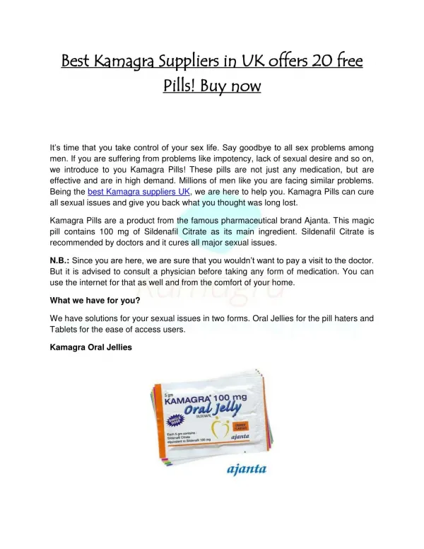Best Kamagra Suppliers in UK offers 20 free Pills! Buy now