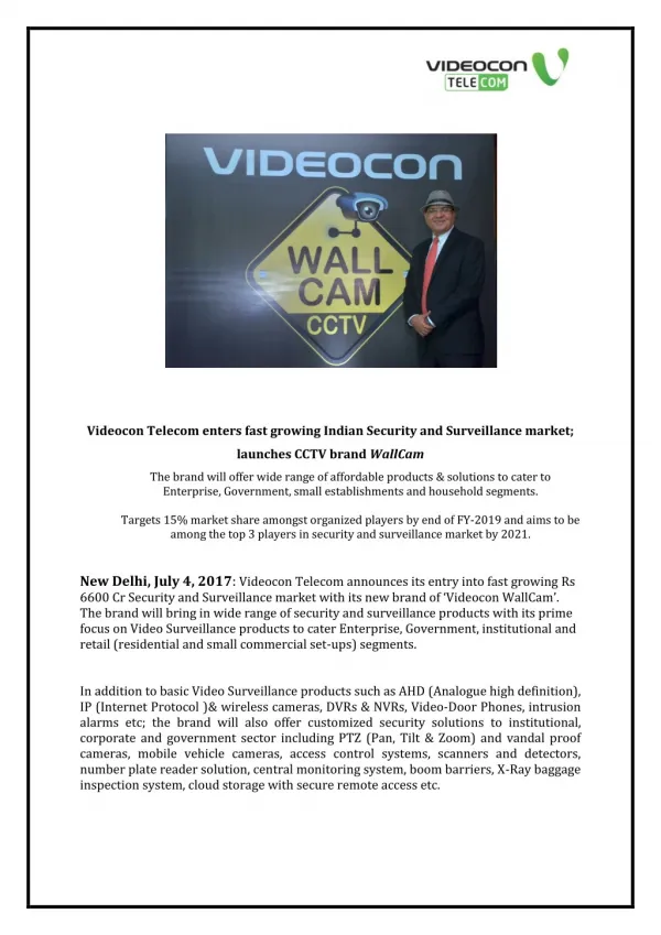 Videocon Telecom enters fast growing Indian Security and Surveillance market; launches CCTV brand WallCam