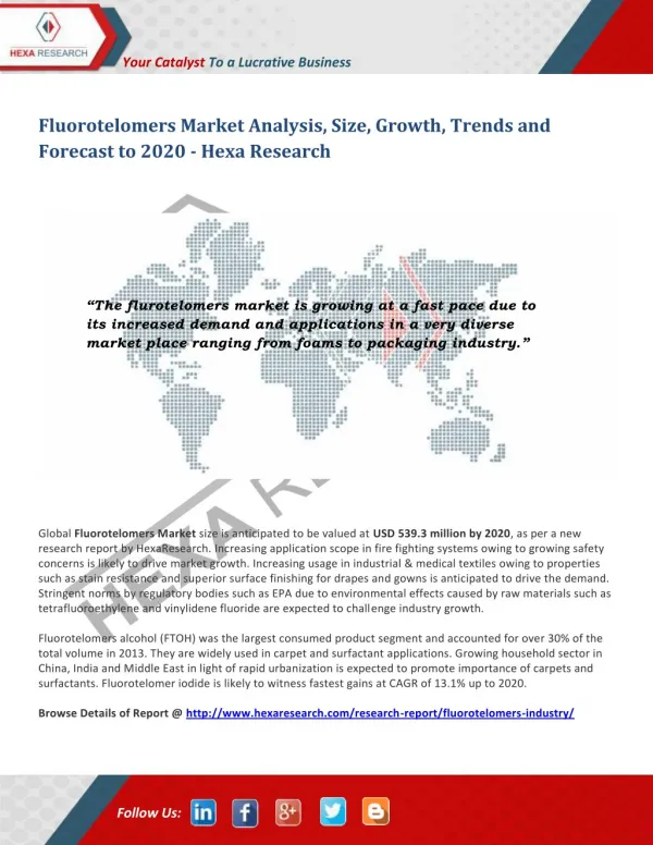 Fluorotelomers Market Analysis, Size, Growth, Trends and Forecast to 2020 - Hexa Research