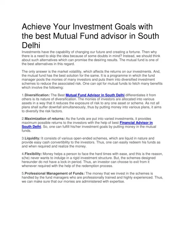 Achieve Your Investment Goals with the best Mutual Fund advisor in South Delhi