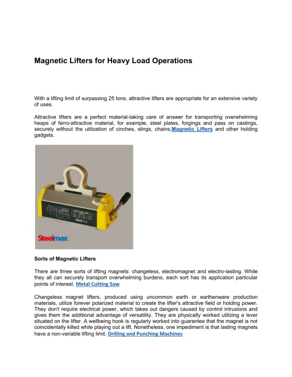 Magnetic Lifters for Heavy Load Operations