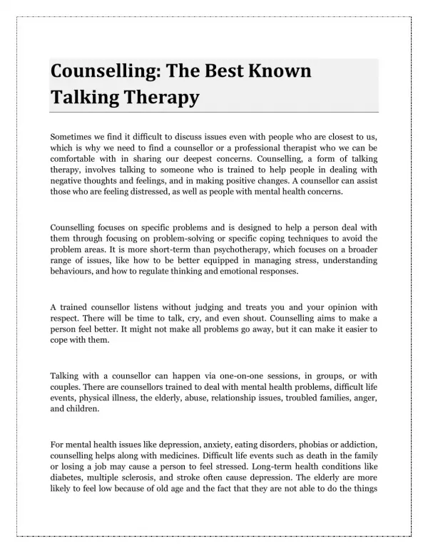 Counselling: The Best Known Talking Therapy