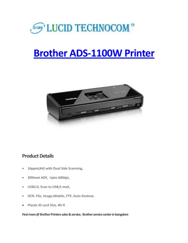 Brother Printer Sales & Services - Brother ADS-1100W Printer