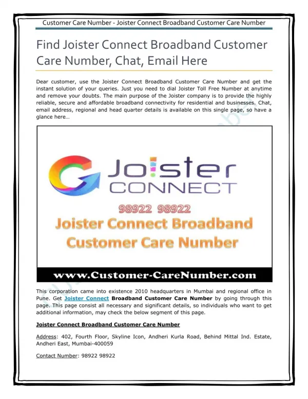 Joister Connect Broadband Customer Care Number