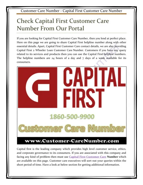 Capital First Customer Care Number