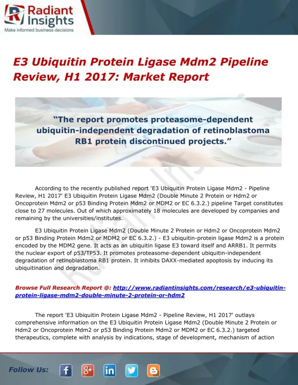 E3 Ubiquitin Protein Ligase Mdm2 Pipeline Review, H1 2017- Market Research And ForecastReport