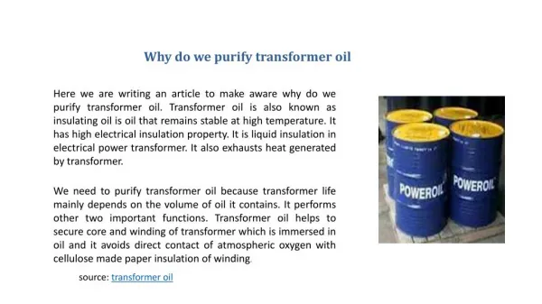 Why do we purify transformer oil