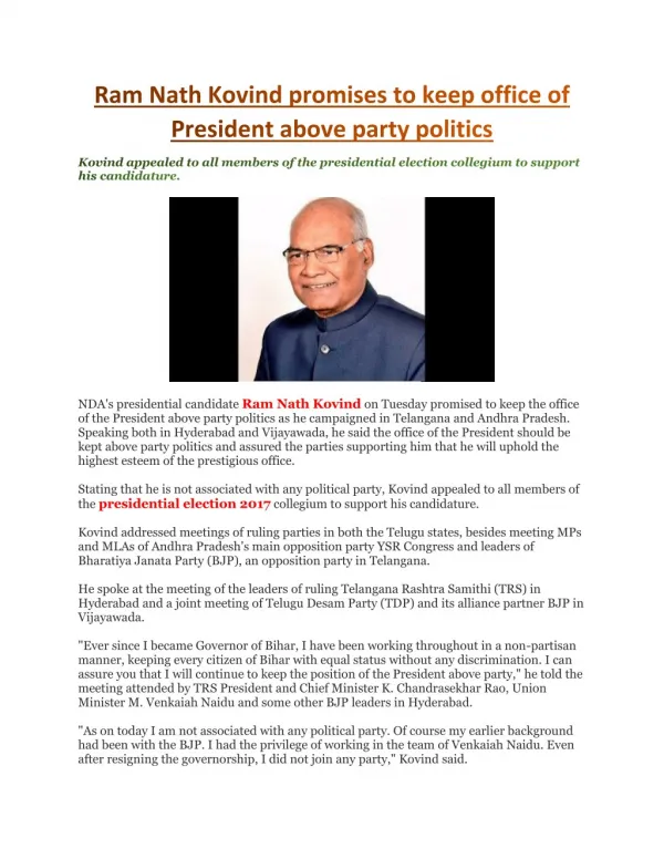 Ram Nath Kovind promises to keep office of President above party politics