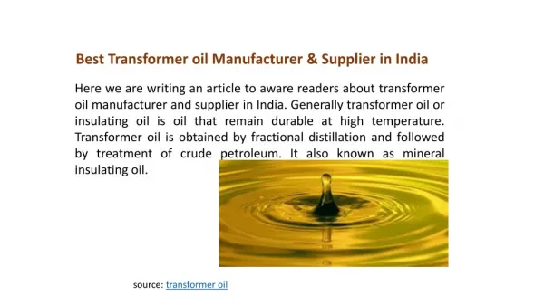 Best Transformer oil Manufacturer & Supplier in India