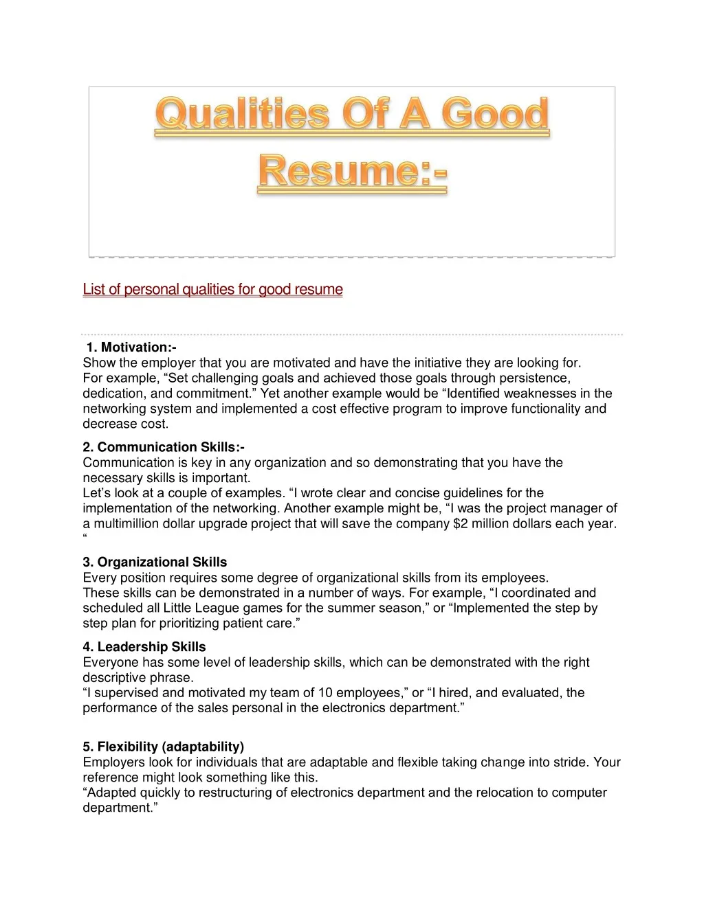 list of personal qualities for good resume