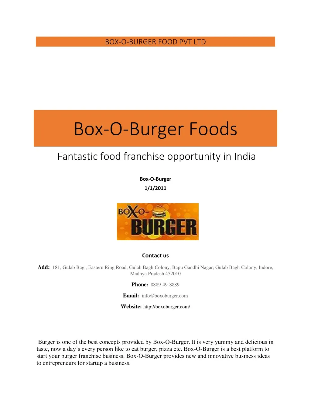 box o burger food pvt ltd