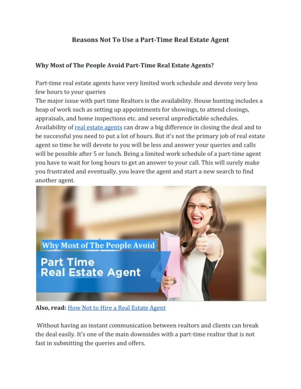 Reasons Not To Use a Part-Time Real Estate Agent
