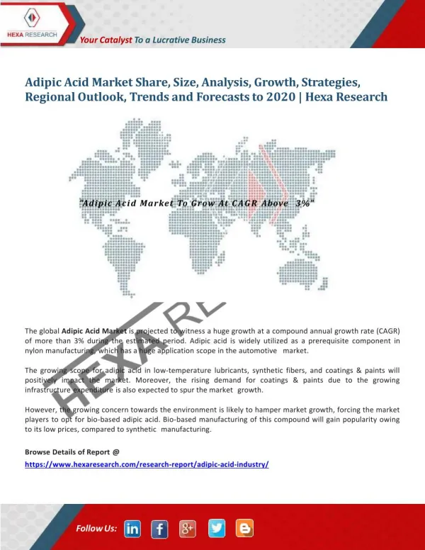 Adipic Acid Market To Show Higher CAGR Above 3% Till 2020
