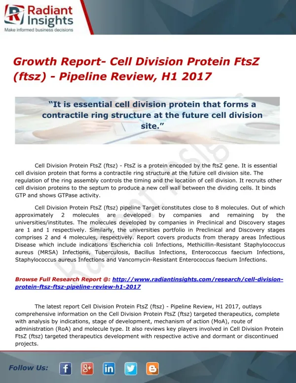 Cell Division Protein FtsZ (ftsz) - Pipeline Review, H1 2017- Market Analysis Report