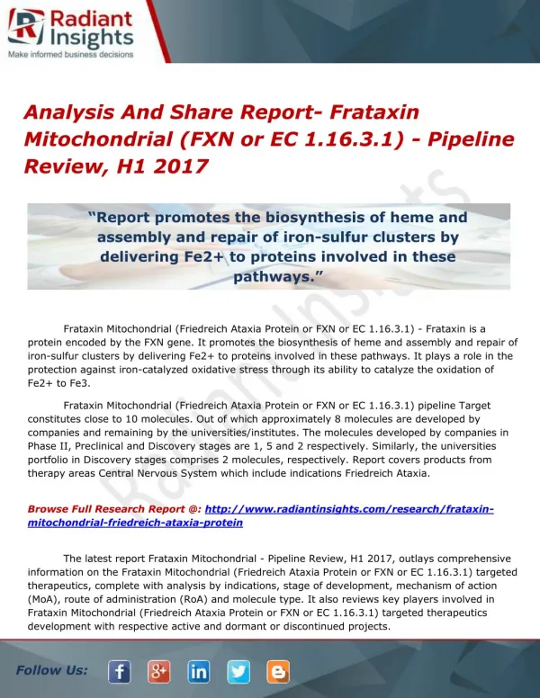 Analysis And Share Report- Frataxin Mitochondrial (FXN or EC 1.16.3.1) - Pipeline Review, H1 2017