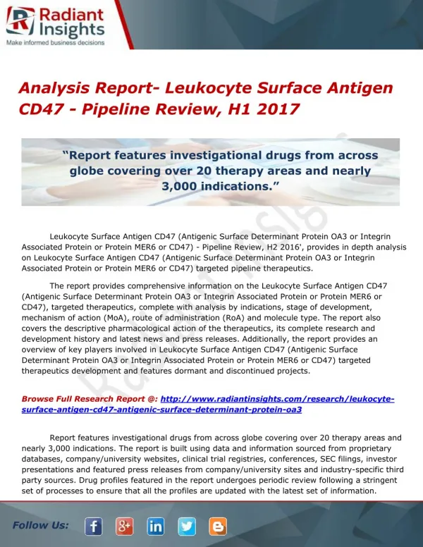 Leukocyte Surface Antigen CD47 - Pipeline Review, H1 2017- Research And Markets